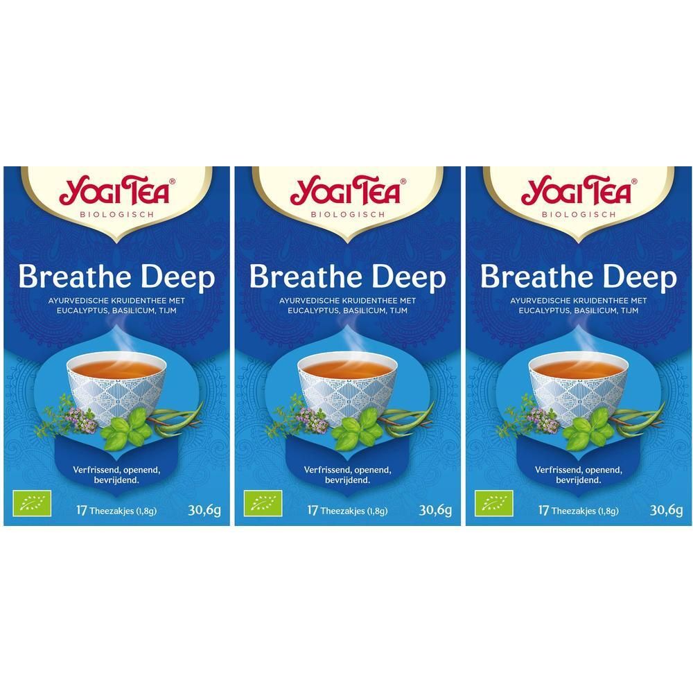 Drie verpakkingen Yogi Tea® Breathe Deep. Blauwe verpakking met logo en tekst. 17 theezakjes, 30,6g.