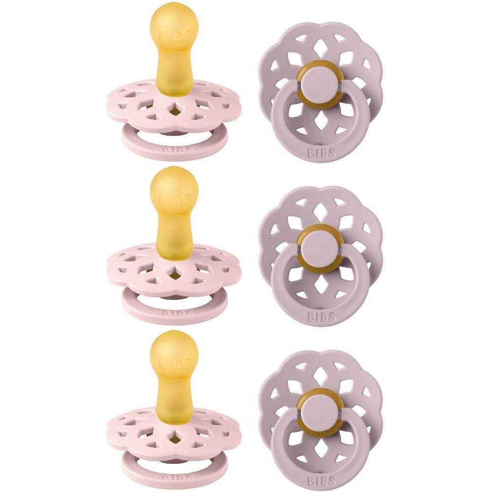 Zes fopspenen, lila tinten, gele spenen. Ronde vorm, ring met BIBS-opschrift. Bloemvormige rand.