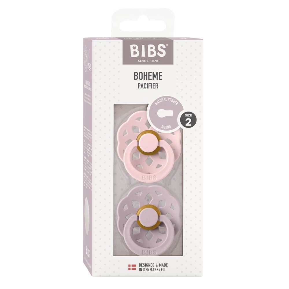 Verpakking met twee fopspenen. Lila fopspenen, gele spenen. BIBS-logo, Boheme-opschrift, maat 2.