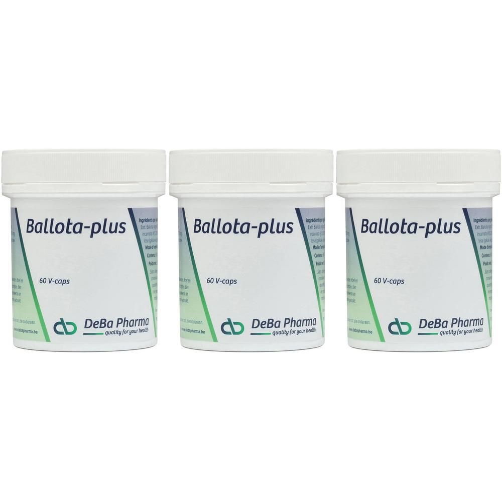Trois boîtes blanches avec l'inscription Ballota-plus. Chaque boîte porte la mention 60 V-caps et DeBa Pharma.