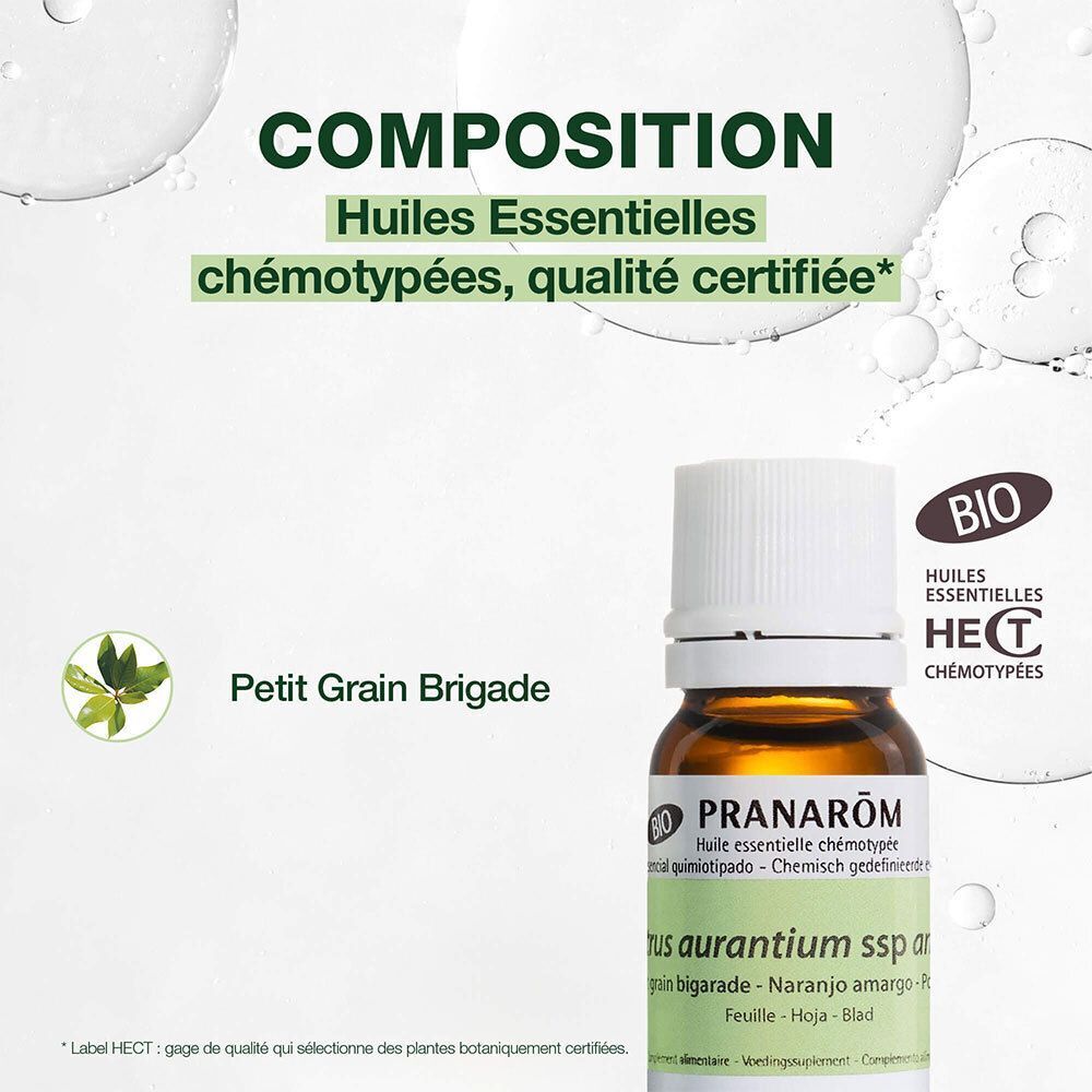 Flacon avec étiquette. Texte : "PRANARÔM", "Huile essentielle chémotypée", "Petit Grain Bigarade".