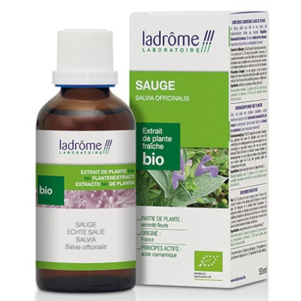 Bruine glazen fles en doos. Opschrift: Ladrôme, Sauge, Bio. Met bio-label. Bevat Extrait de plante fraiche.