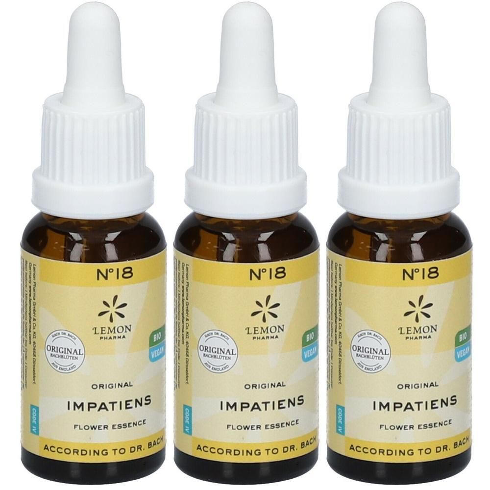 Trois flacons en verre brun avec compte-gouttes blancs. Étiquettes avec "N°18 Impatiens" et "Lemon Pharma".