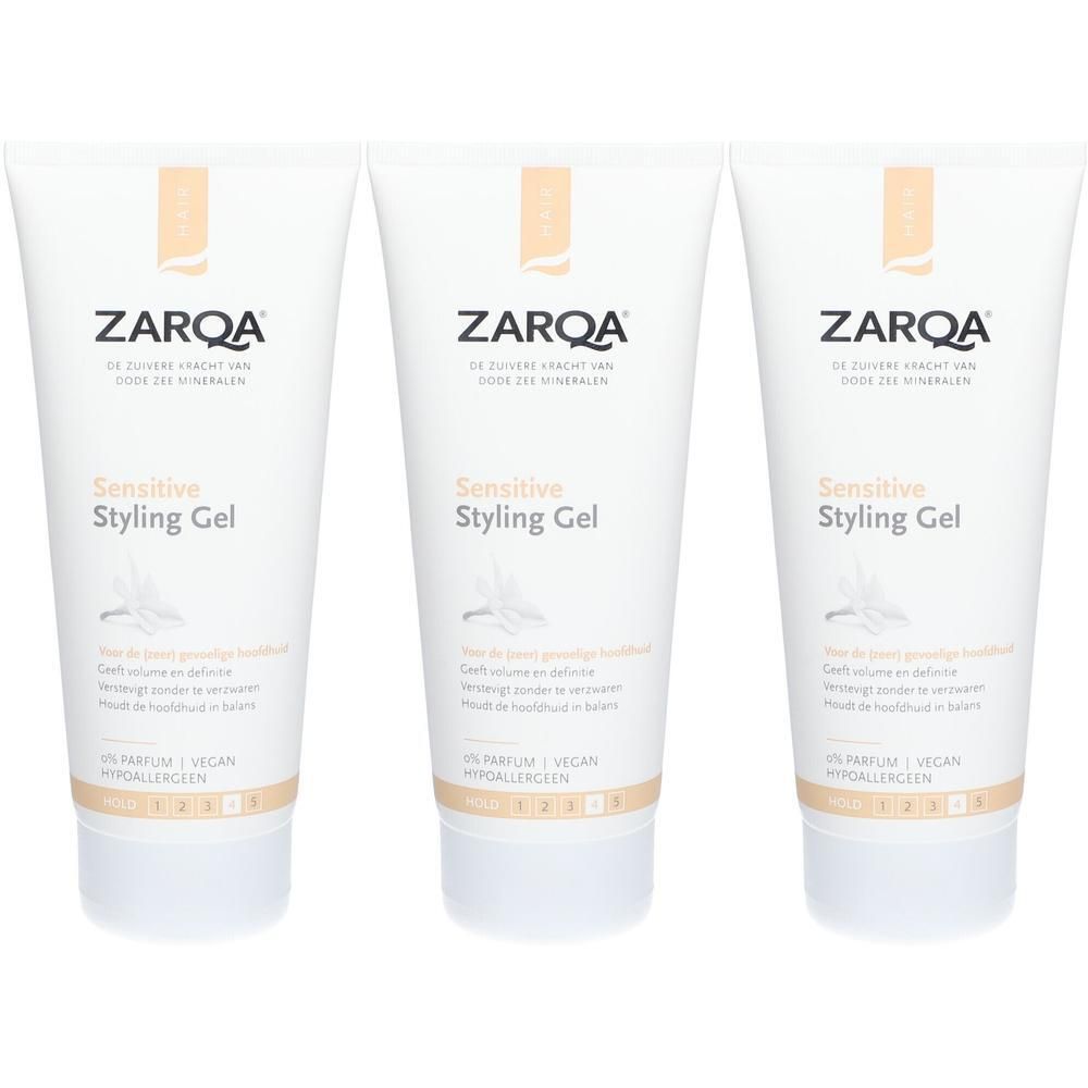 Drie witte tubes met opdruk. Boven staat "ZARQA", daaronder "Sensitive Styling Gel". Tekst in het Nederlands.