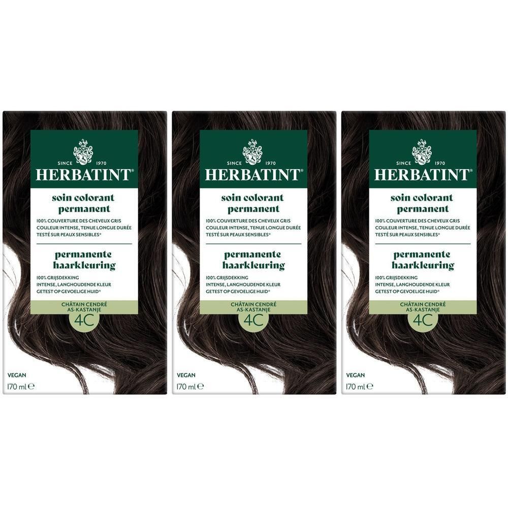 Drie dozen Herbatint Soin Colorant Permanent 4C Châtain Cendré. Vegan. 170 ml.