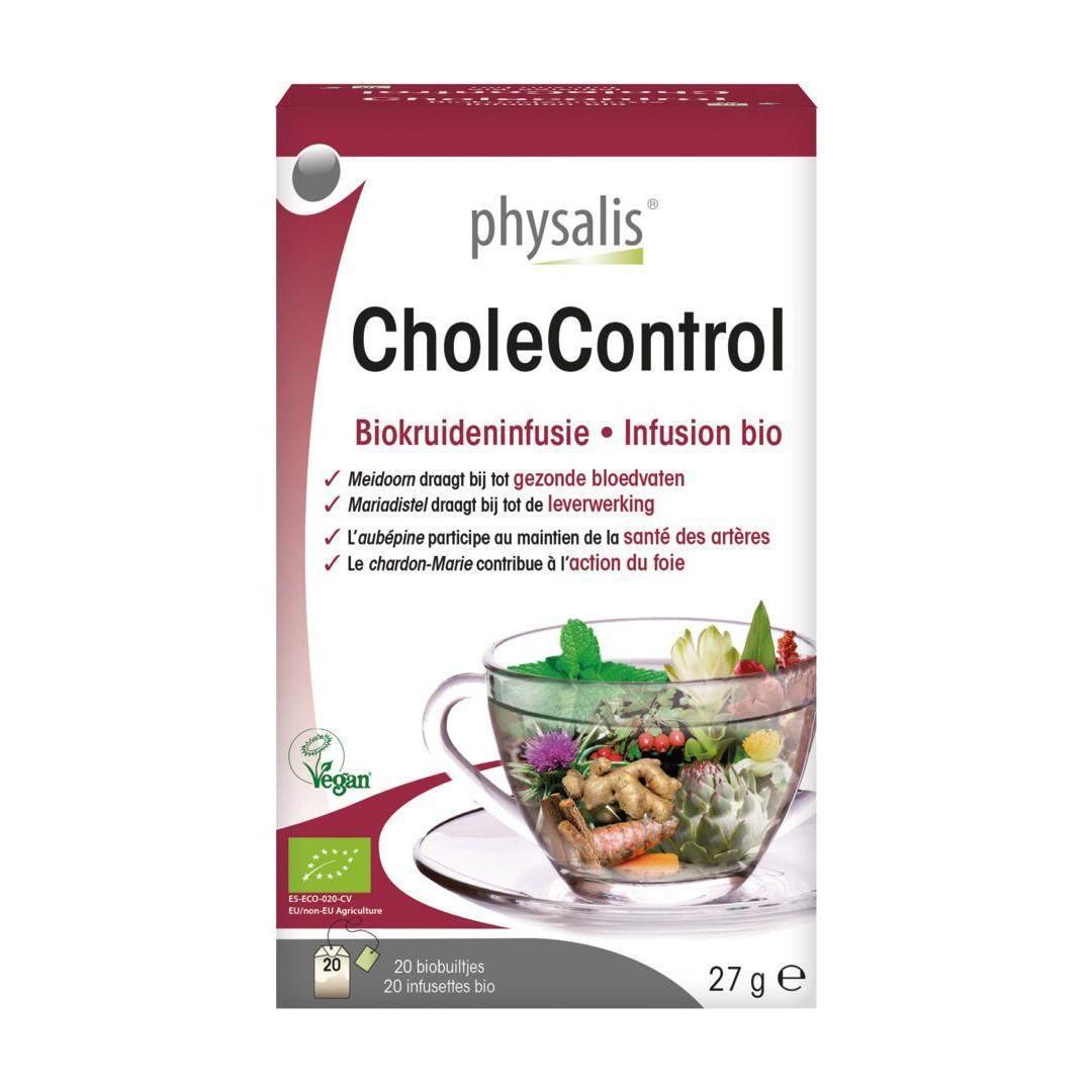 Verpakking van Physalis CholeControl Infusion Bio. Opschrift: CholeControl, Biokruideninfusie, Infusion bio. Vegan-keurmerk. 20 zakjes, 27 g.