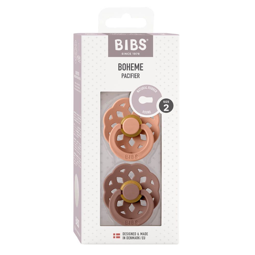Emballage de deux sucettes BIBS Boheme. Sucettes roses et marron. Taille 2. Fabriqué au Danemark. Vue de face.