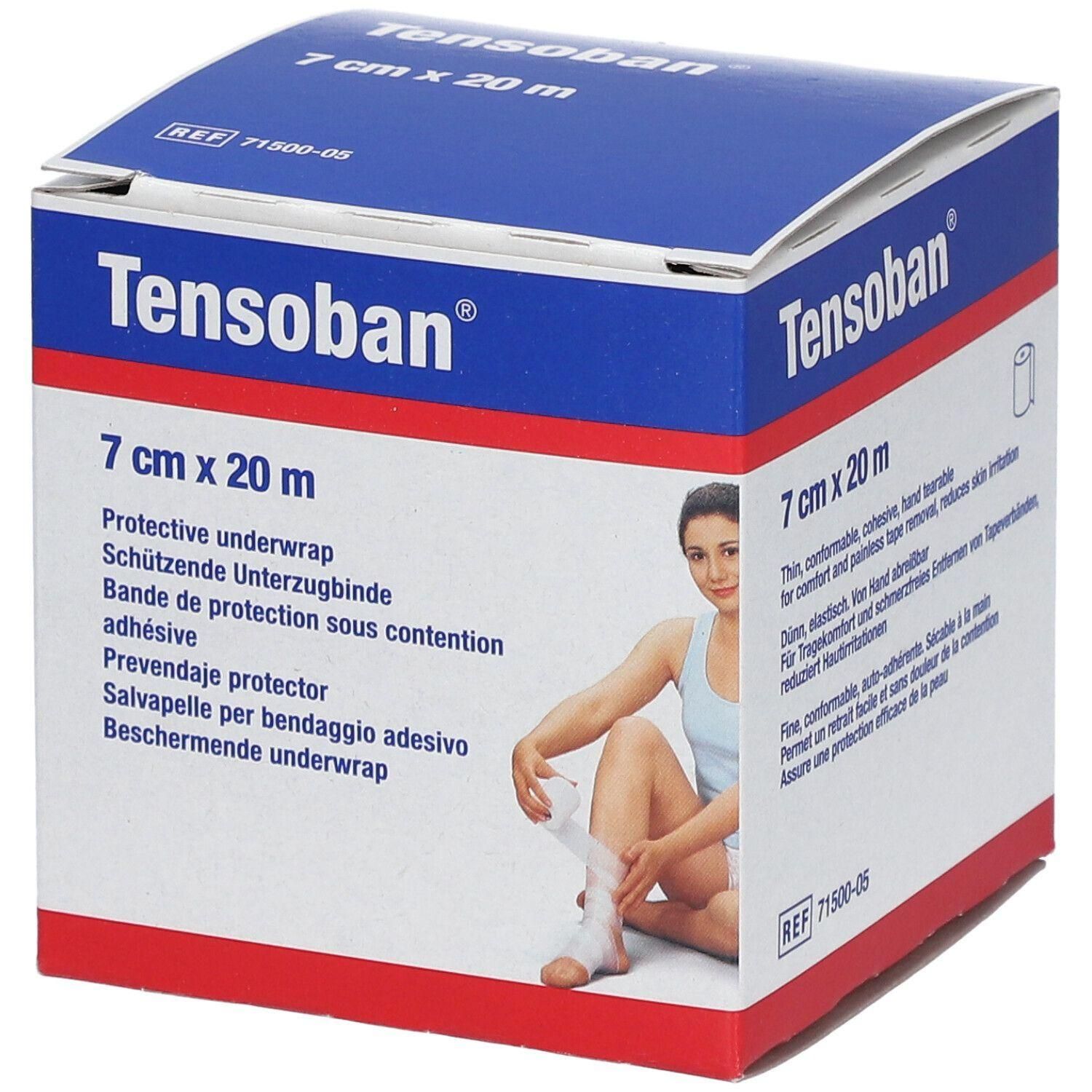Verpakking van Tensoban, 7 cm x 20 m. Opschrift: Protective underwrap. Vrouw wikkelt been in.