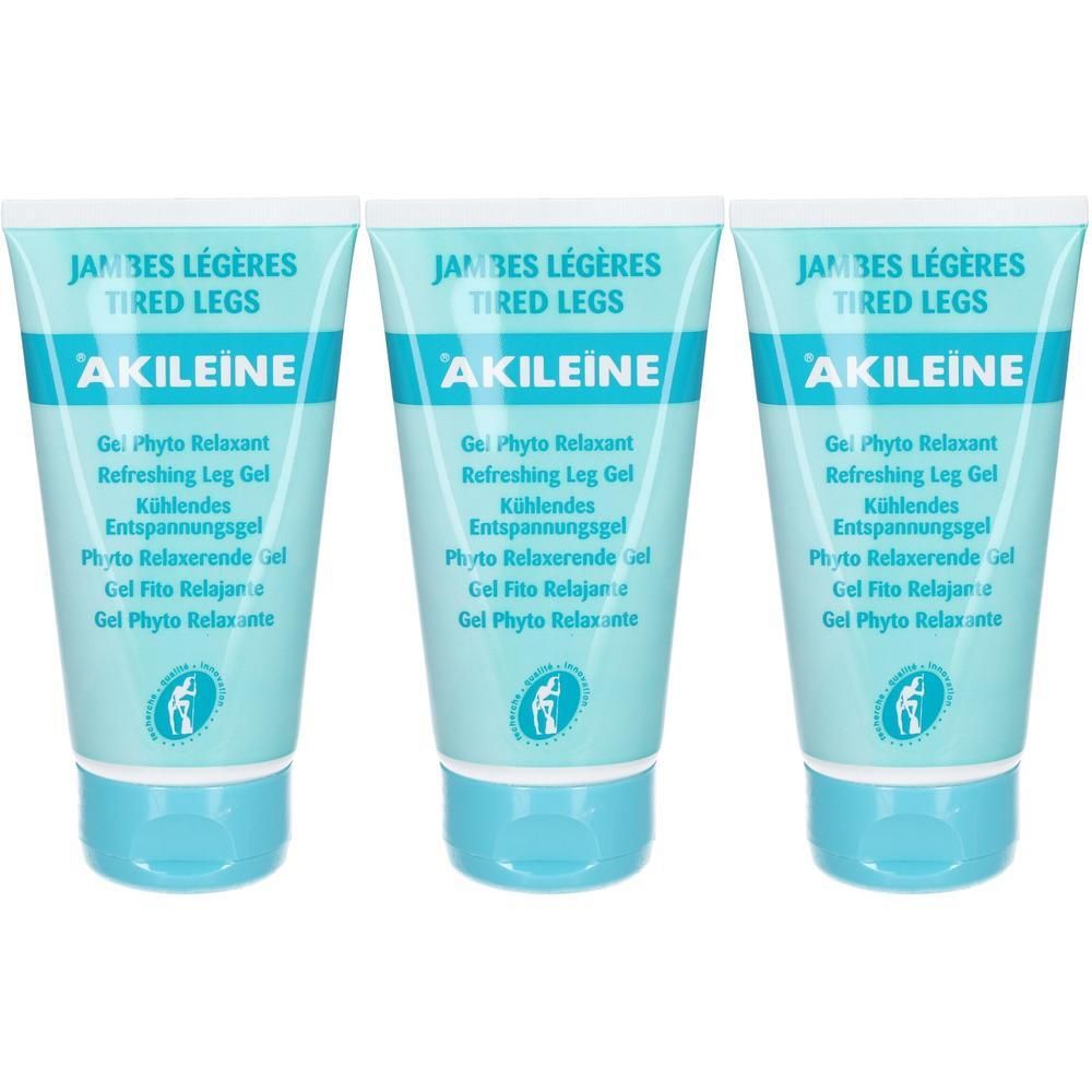 Drie tubes gel. Opschrift: AKILEINE, Jambes Légères, Gel Phyto Relaxant. Turkoois-wit design.