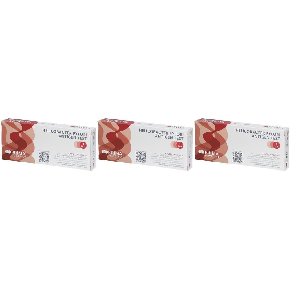 Drie witte dozen met de tekst "HELICOBACTER PYLORI ANTIGEN TEST" en het "PRIMA" logo. De verpakkingen hebben rode en bruine patronen.