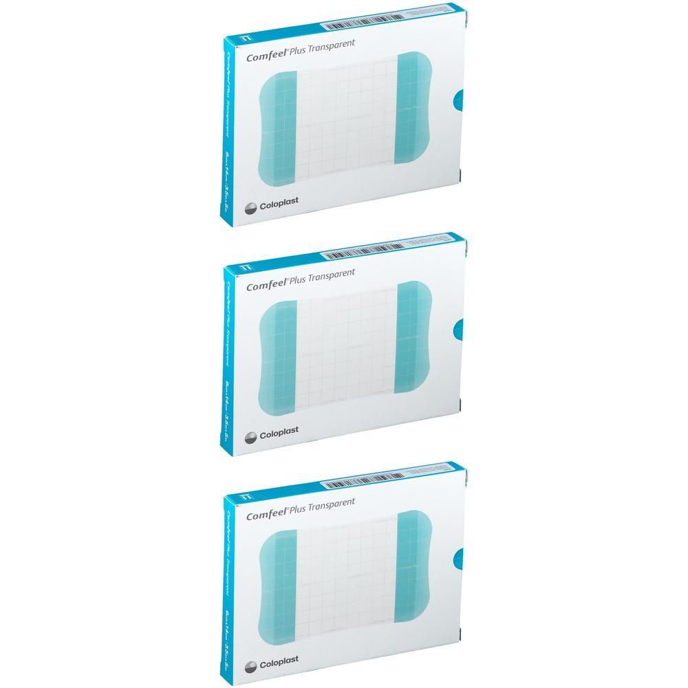 Trois boîtes de pansements transparents. Chaque boîte porte l'inscription "Comfeel Plus Transparent" et le logo Coloplast.