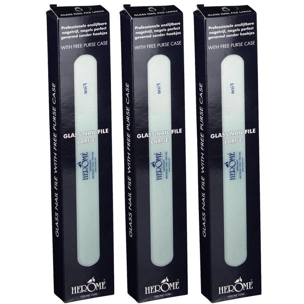 Drie Herôme glazen nagelvijlen in zwarte verpakkingen. Opschrift: Glass Nail File Large. Met etui.