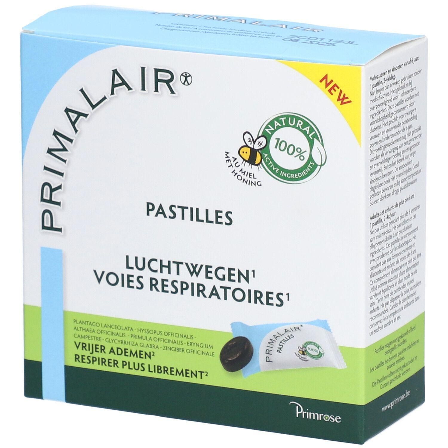 Doosje Primalair pastilles. Opschriften: Luchtwegen, Voies respiratoires. Keurmerk: 100% natuurlijke ingrediënten. Eén pastille zichtbaar.