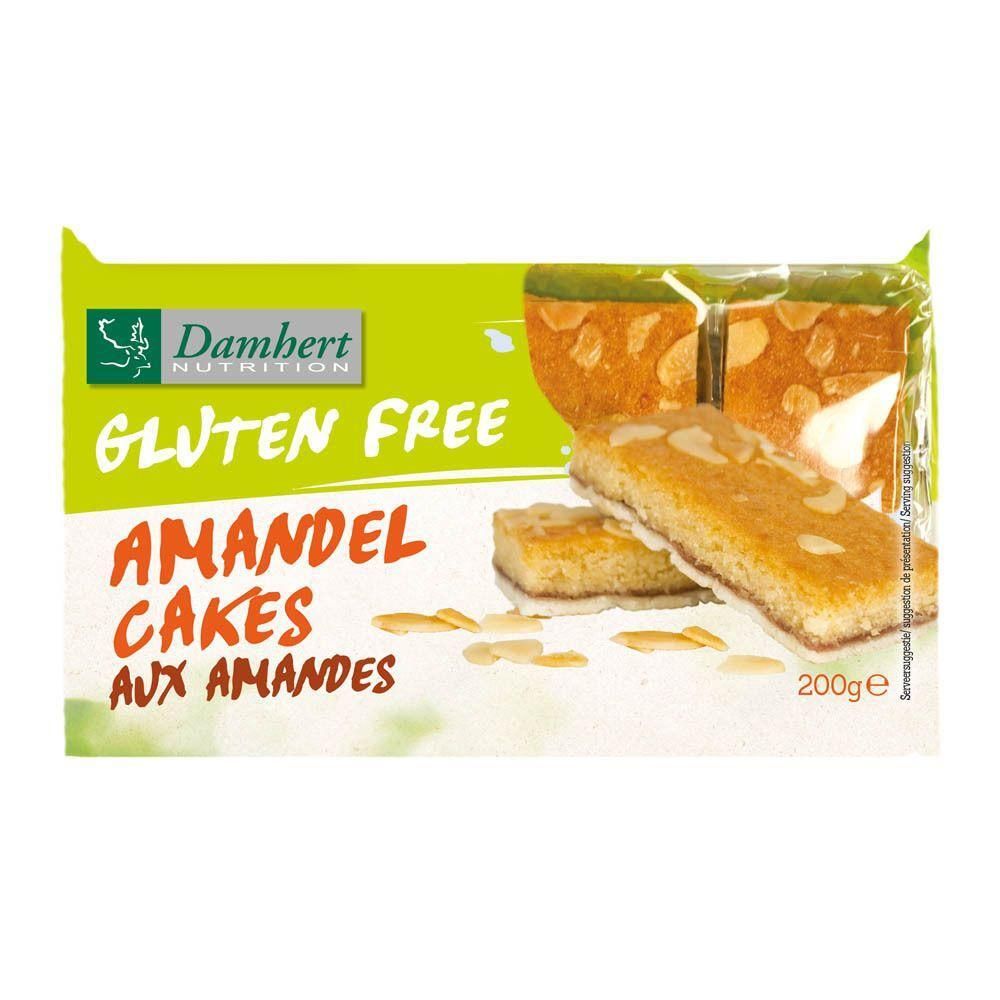 Emballage de gâteaux aux amandes sans gluten. Marque Damhert. Morceaux de gâteau avec amandes effilées. Inscription : Gluten Free, Amandel Cakes aux Amandes.