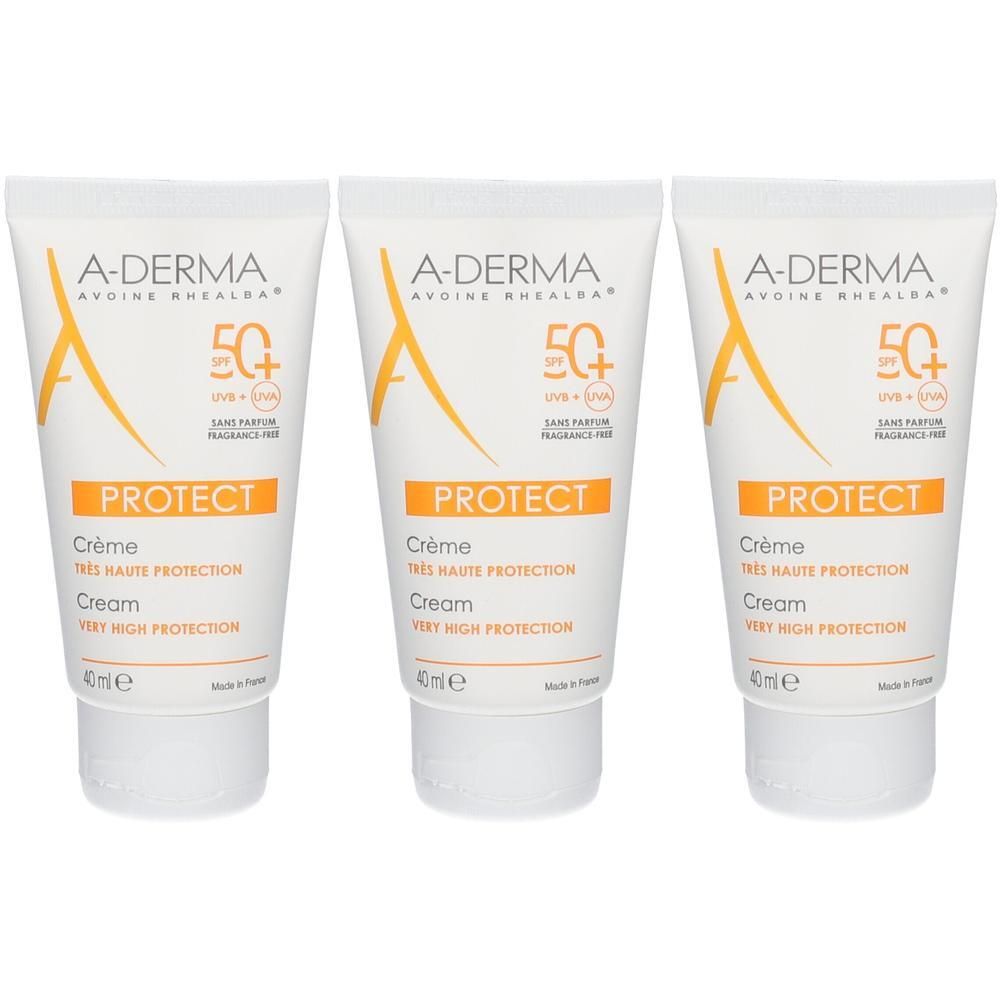 Drie tubes A-DERMA Protect Crème SPF50+. Wit, met oranje accenten. Tekst: PROTECT, Crème, Très haute protection.