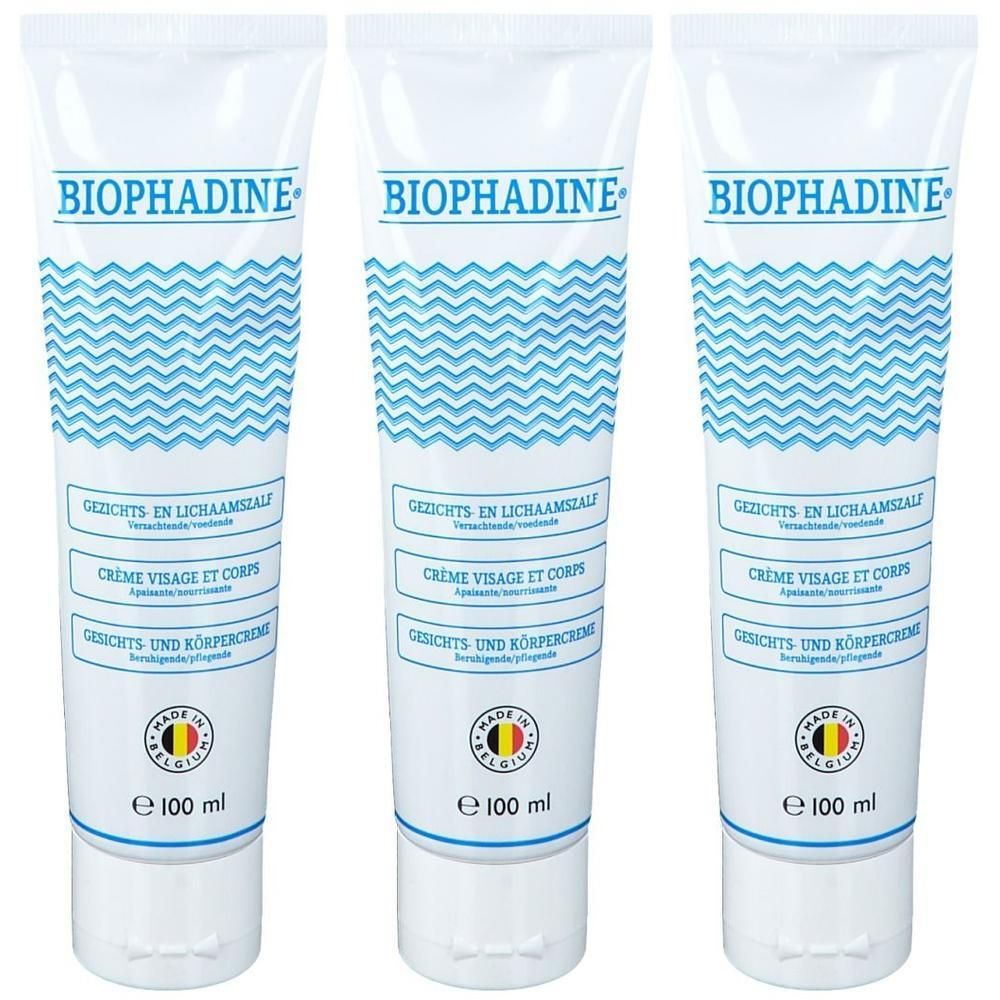 Drie tubes Biophadine Crème Hydratant. Witte tubes met blauwe golflijn en tekst. Gemaakt in België. Volume: 100 ml.