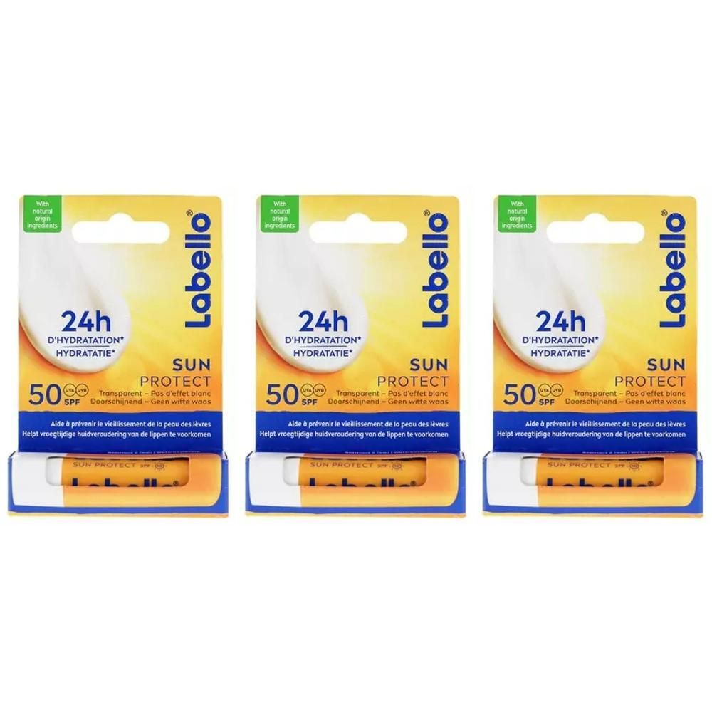 Trois sticks Labello Sun Protect SPF50. Emballage jaune avec nom du produit, 24h d'hydratation et protection solaire.