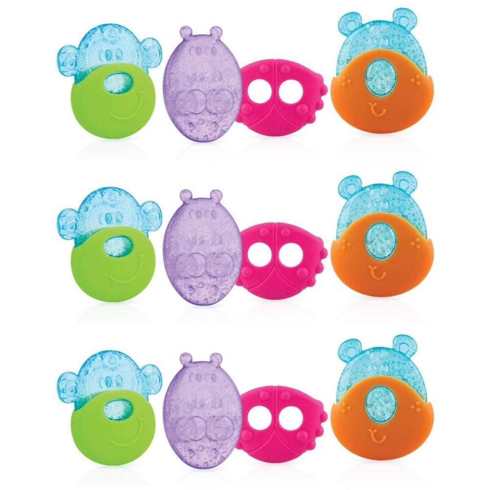 Trois anneaux de dentition réfrigérants. Formes: singe, hippopotame, papillon et ours. Couleurs: bleu, violet, rose, vert et orange.