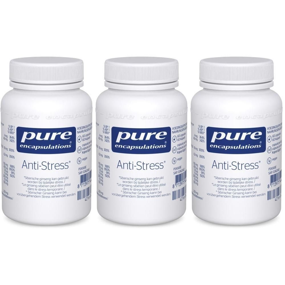 Trois flacons blancs "pure encapsulations Anti-Stress". Label avec logo et texte. Vegan.