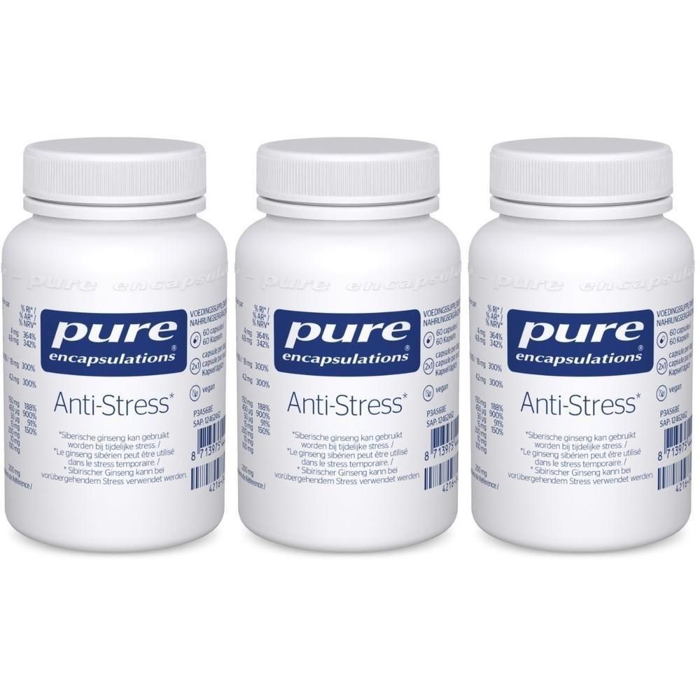 Drie witte flessen "pure encapsulations Anti-Stress". Label met logo en tekst. Vegan.