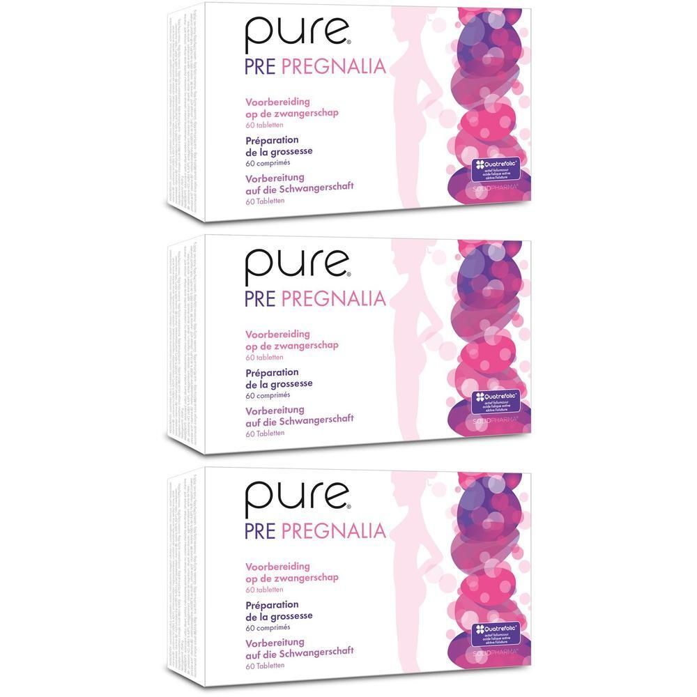 Drie dozen Pure Pre Pregnalia. Witte dozen met productnaam en informatie in meerdere talen.