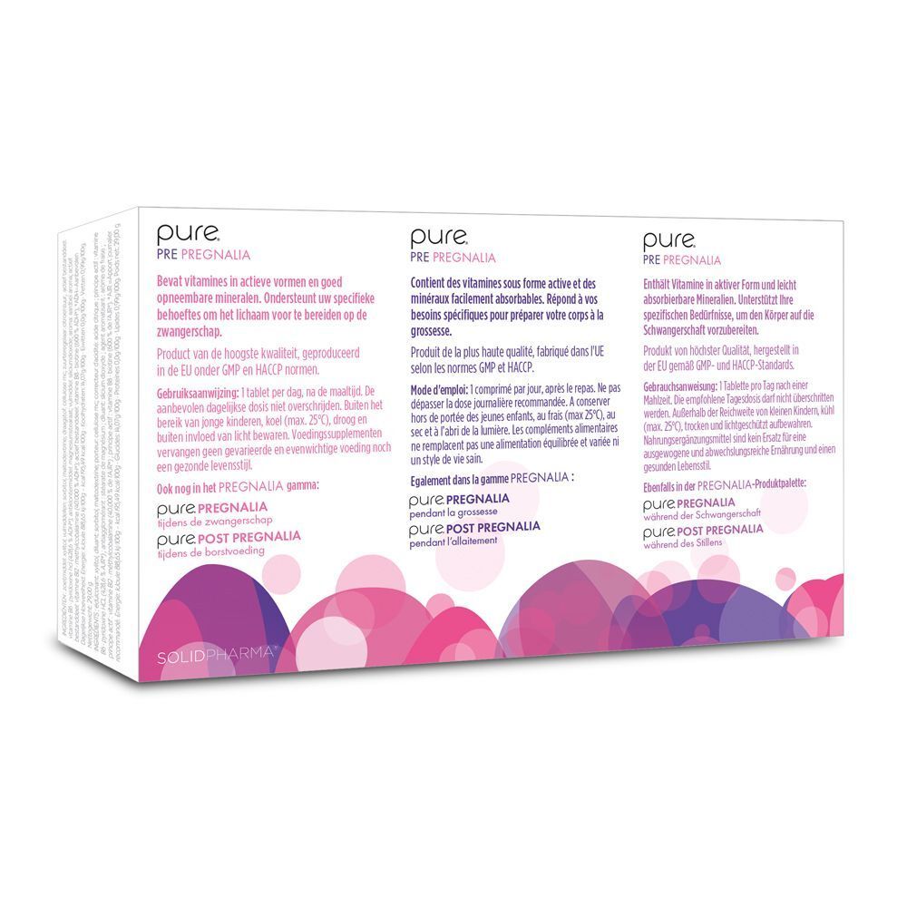 Achterkant van een Pure Pre Pregnalia verpakking. Meertalige tekst, inclusief informatie over ingrediënten.