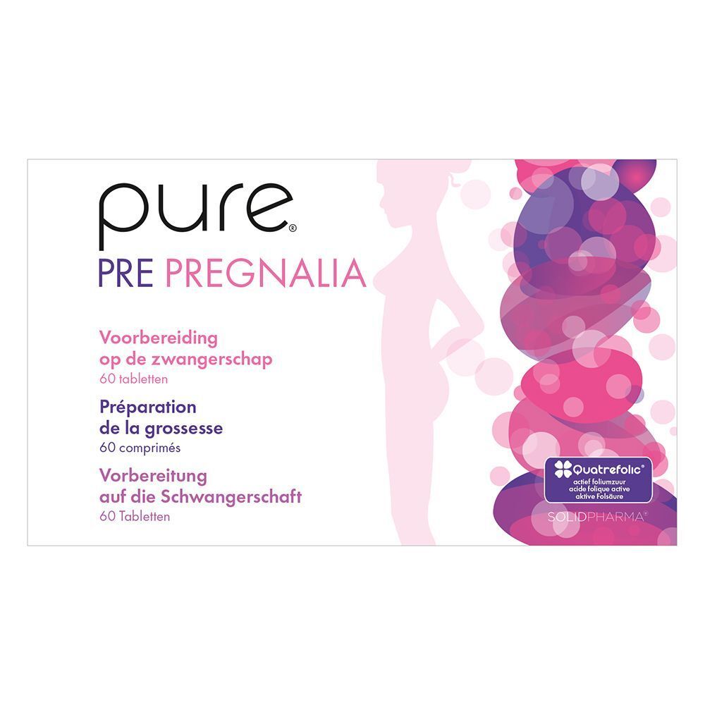Pure Pre Pregnalia verpakking. Witte doos met productnaam, informatie en logo.