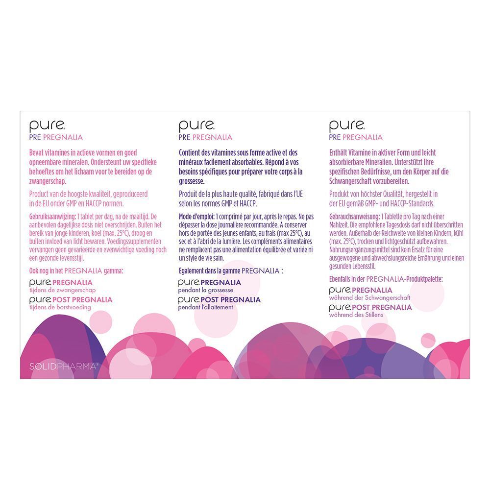 Dos d'une boîte Pure Pre Pregnalia. Texte multilingue, y compris ingrédients et certifications.