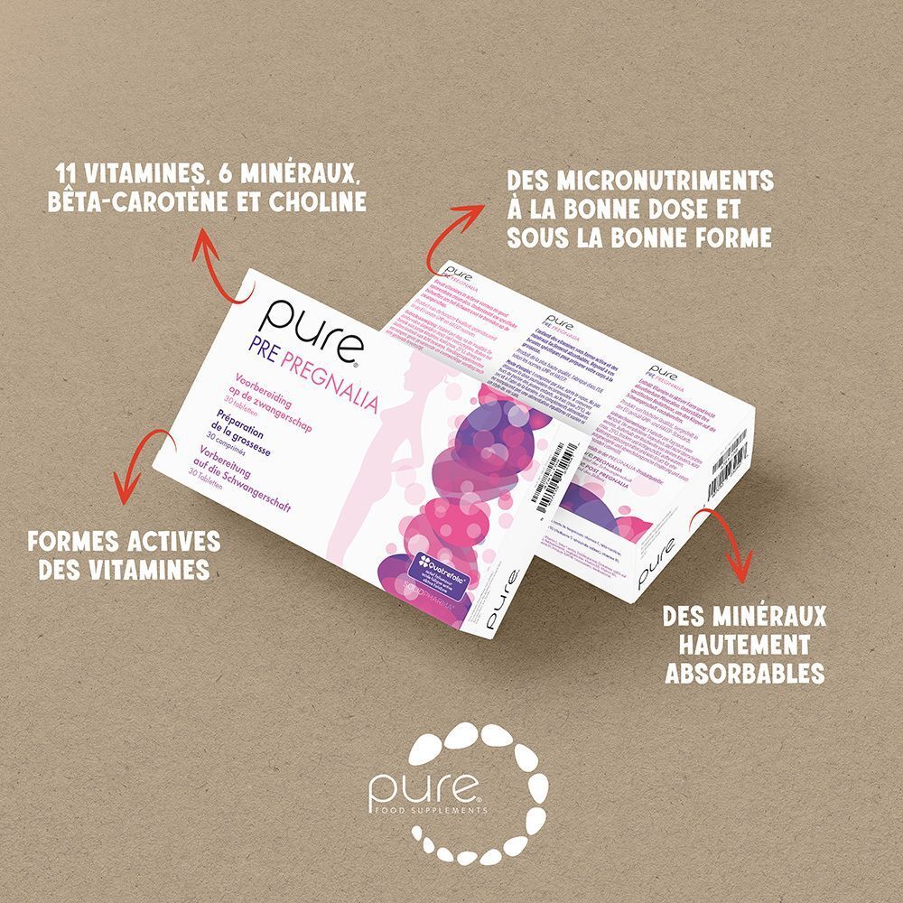 Deux boîtes Pure Pre Pregnalia. Flèches pointant vers les ingrédients et les caractéristiques du produit.
