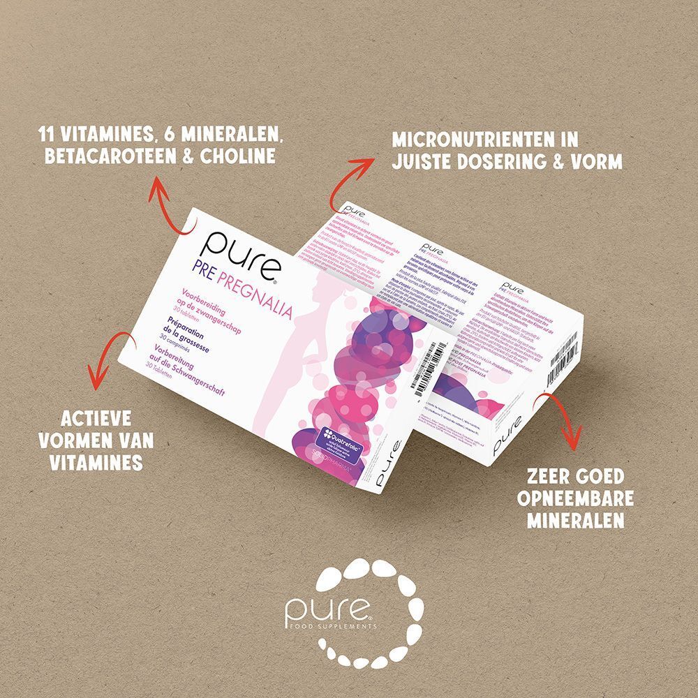 Twee dozen Pure Pre Pregnalia. Pijlen wijzen naar ingrediënten en productkenmerken.