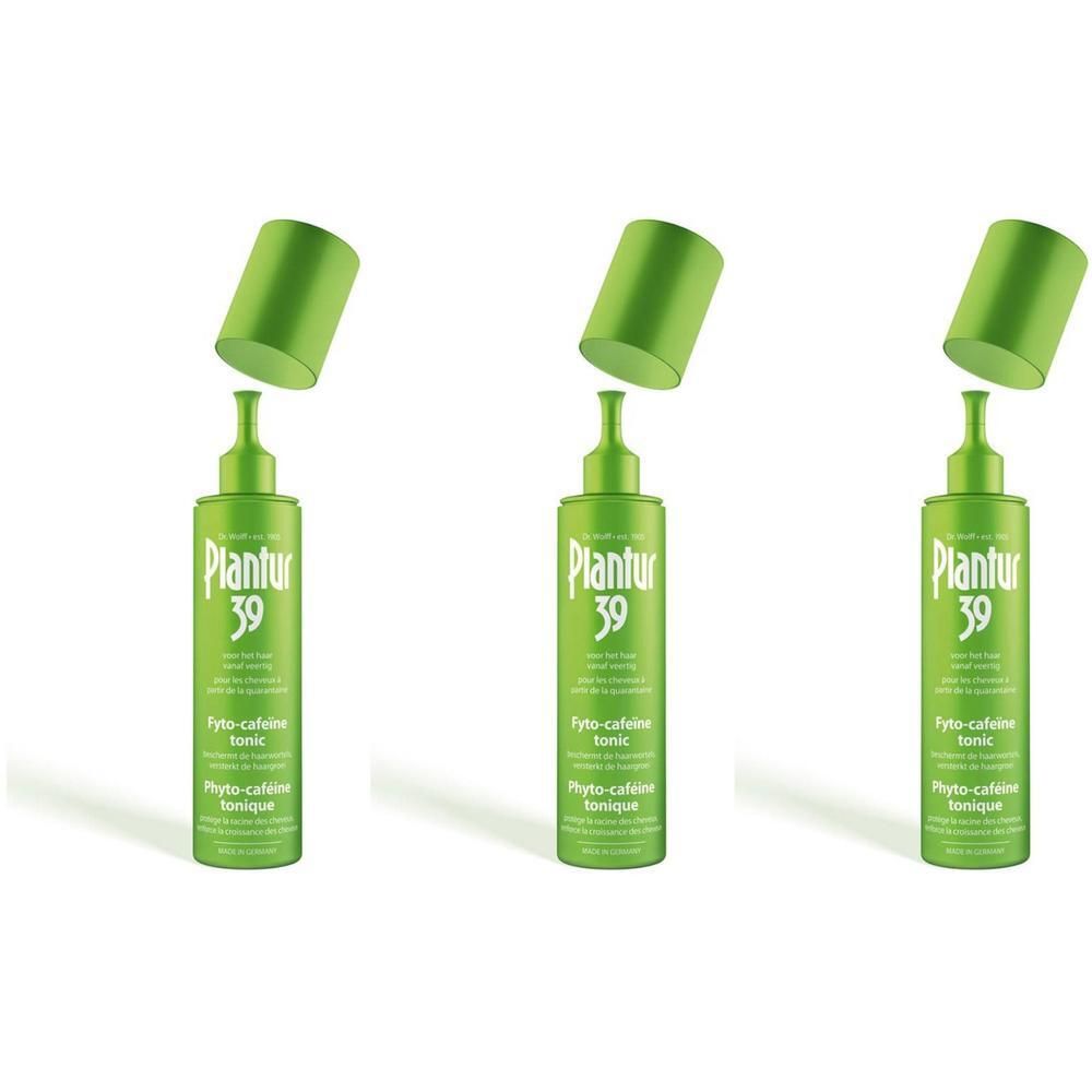 Drie groene flessen met open doppen. Op elke fles staat "Plantur 39" en "Phyto-caféine tonique".