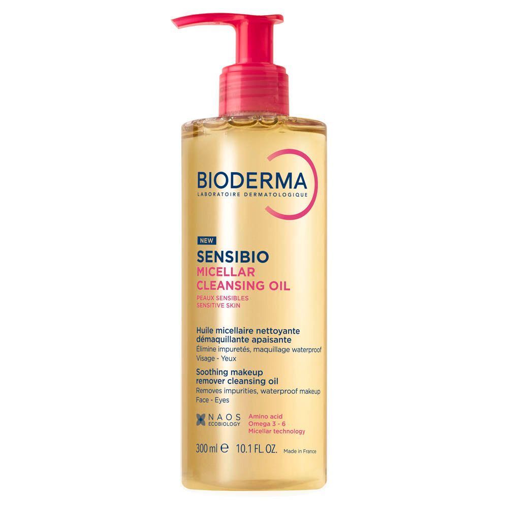 Flacon de Bioderma Sensibio Huile micellaire démaquillante, avec pompe rouge. Vue de face avec informations produit.
