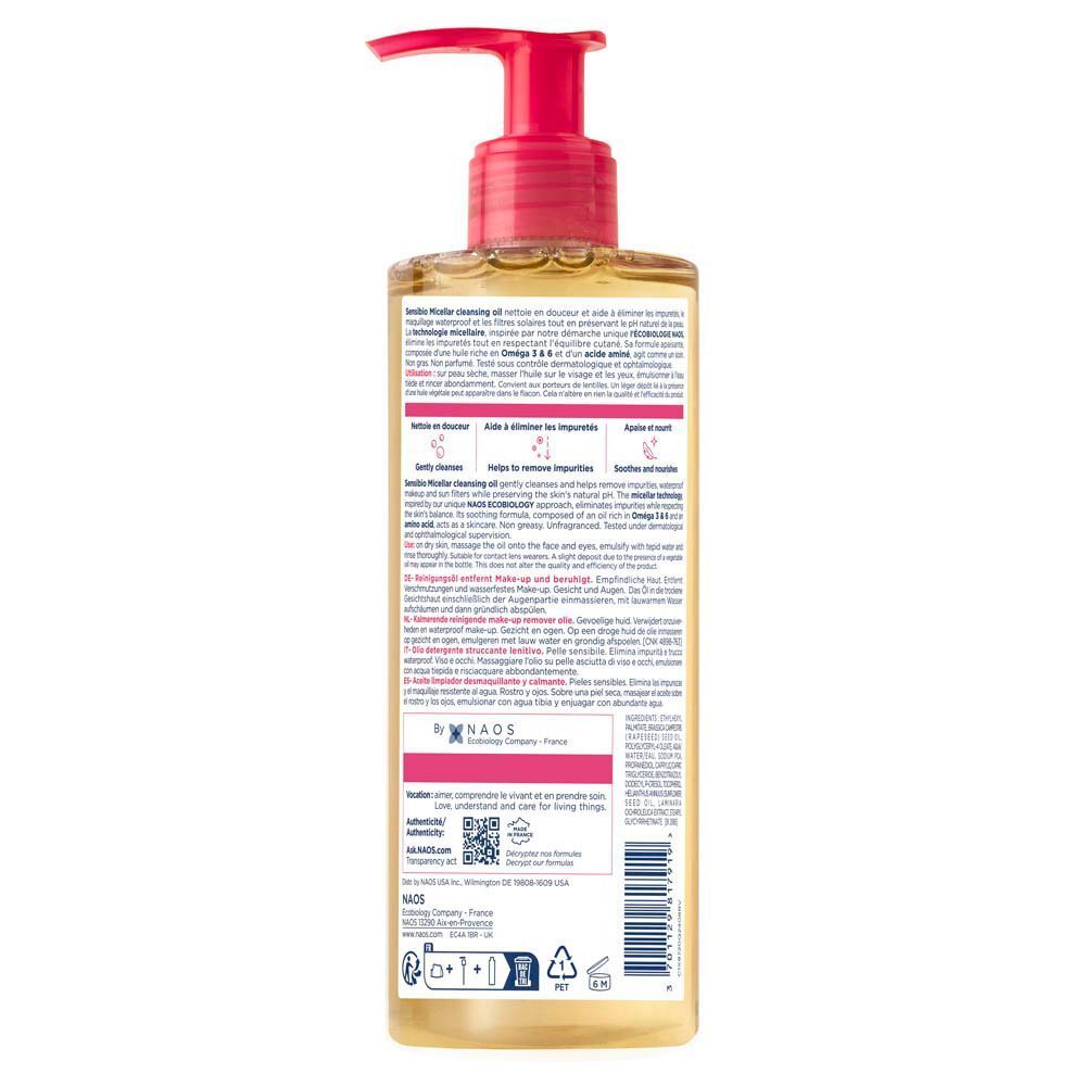Achterkant van de fles Bioderma Sensibio Huile micellaire démaquillante. Tekst en productinformatie.