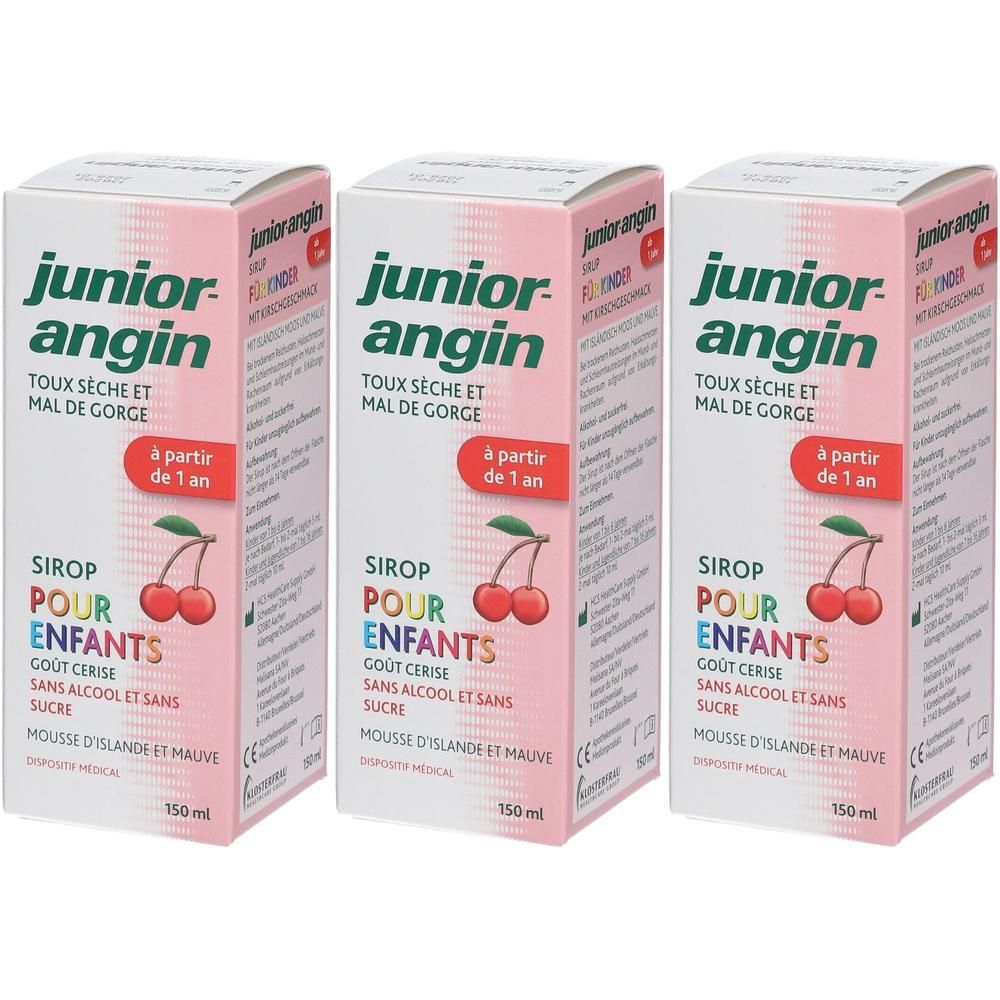 Drie dozen Junior Angin Sirop. Roze-witte verpakking met productnaam, kersenafbeelding en tekst. Medisch hulpmiddel.