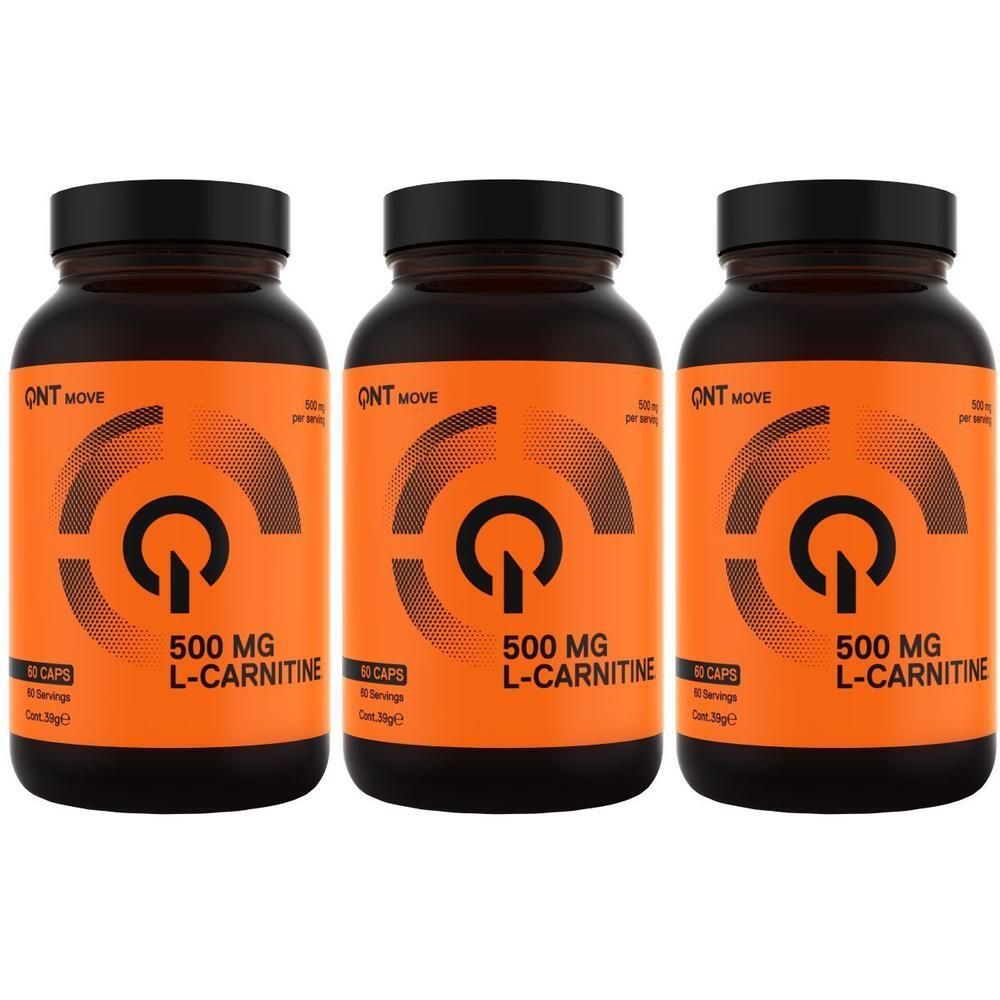 Trois flacons avec couvercles noirs. Étiquette orange avec "500 MG L-Carnitine". Marque: QNT MOVE. Capsules.