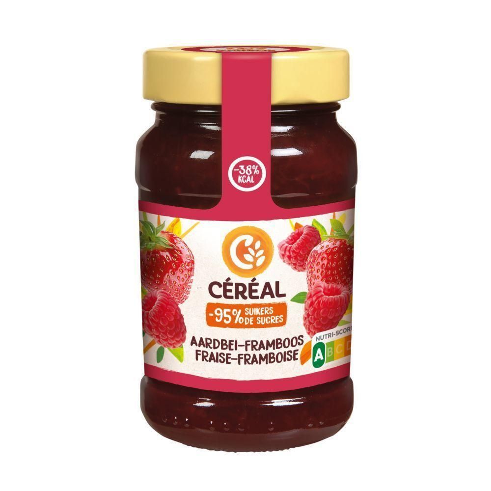 Pot Céréal Aardbei-Framboos jam. Label met -38% kcal en -95% suiker. A-label. Afbeelding van fruit.