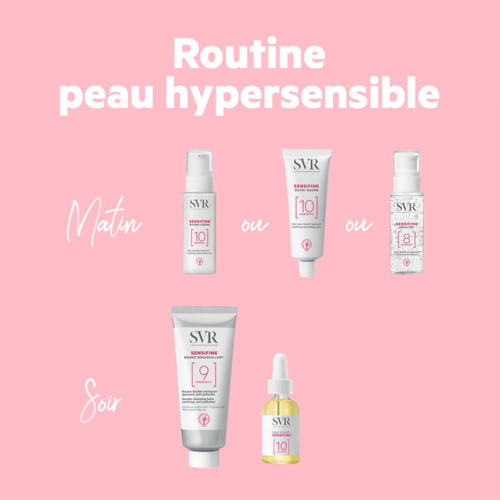Verschillende SVR-producten op roze achtergrond. Producten: Aqua-Gel, crème, serum. Tekst: Routine peau hypersensible, Matin, Soir.