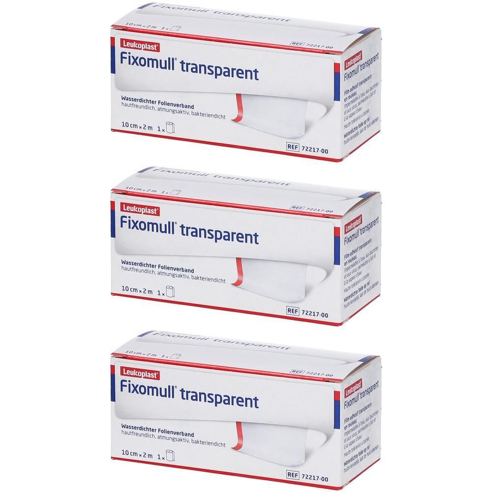 Drie verpakkingen Fixomull transparent. Witte dozen met rode en blauwe tekst. Opschrift: Fixomull transparent, 10cm x 2m.