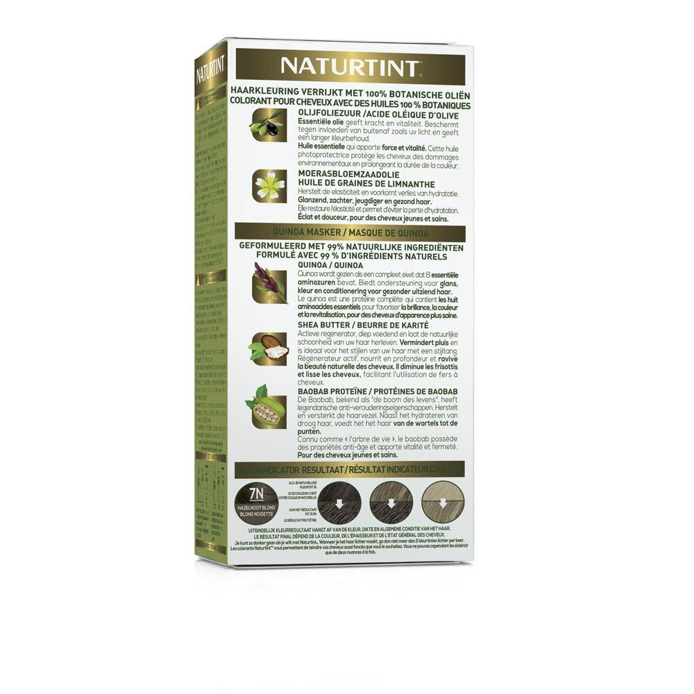 Achterkant van de Naturtint haarkleurverpakking. Tekst over ingrediënten en resultaten. Kleurstalen voor verschillende haarkleuren.
