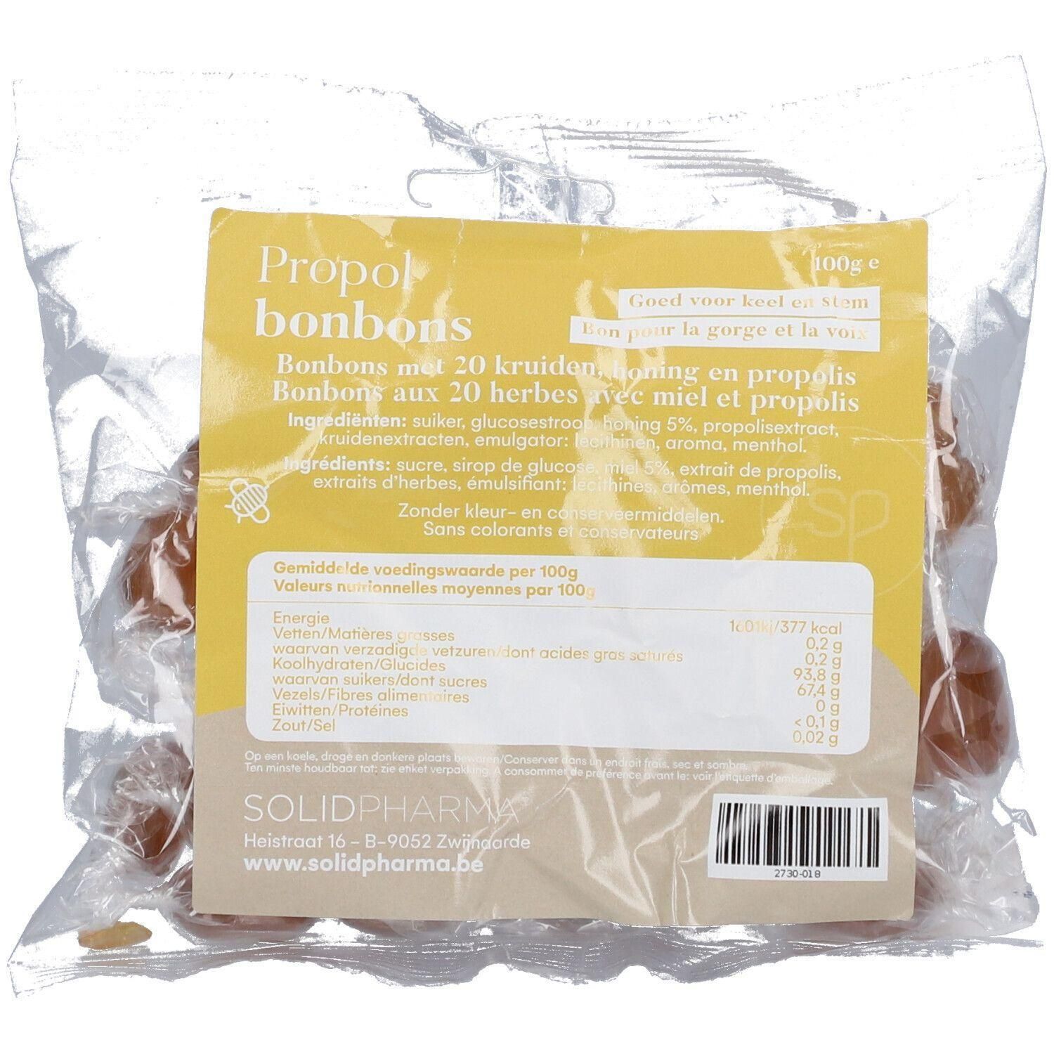 Sachet plastique transparent avec étiquette jaune. Inscription: Propol bonbons. Contient 20 herbes, miel et propolis. Marque: SolidPharma.