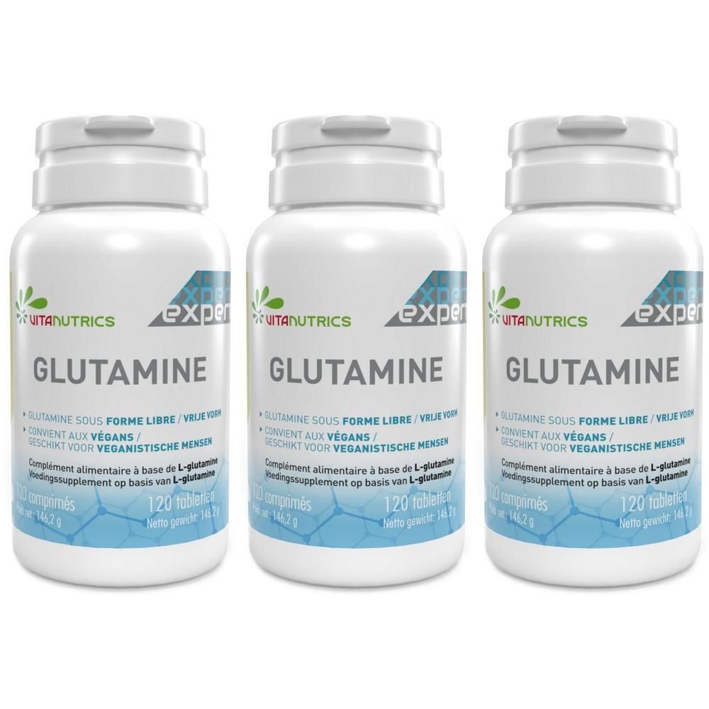 Drie witte flessen met het label "GLUTAMINE". Opschrift: Vitanutrics, EXPERT. Bevat 120 tabletten. Geschikt voor veganisten.
