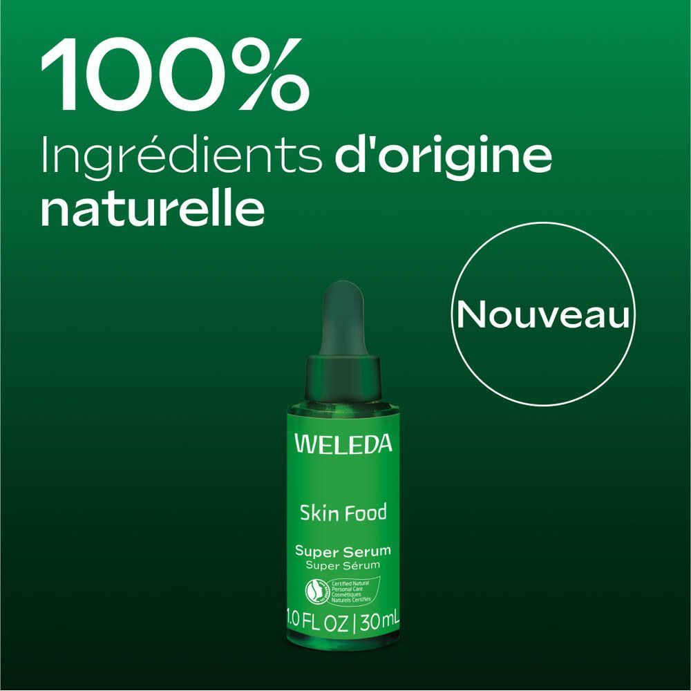 Flacon vert Weleda Skin Food Super Sérum. Texte : 100% Ingrédients d'origine naturelle. Nouveau.