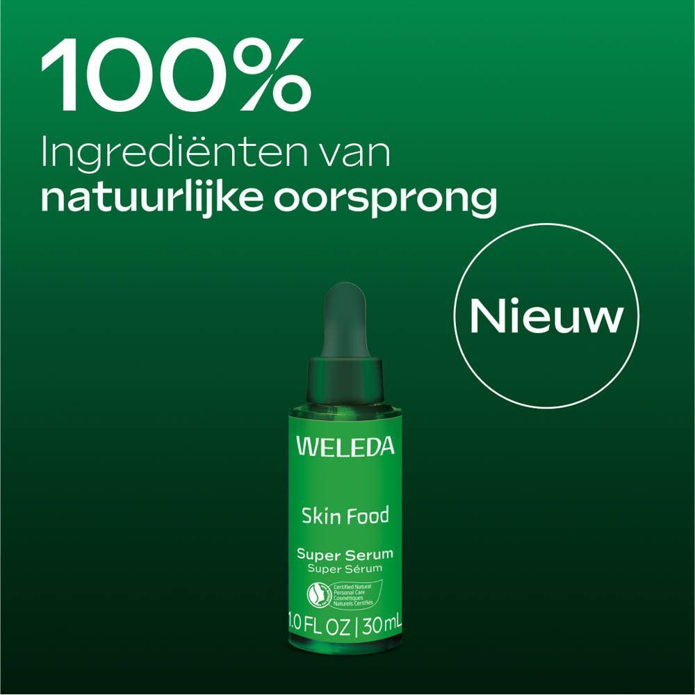 Groene fles Weleda Skin Food Super Sérum. Tekst: 100% Ingrediënten van natuurlijke oorsprong. Nieuw.