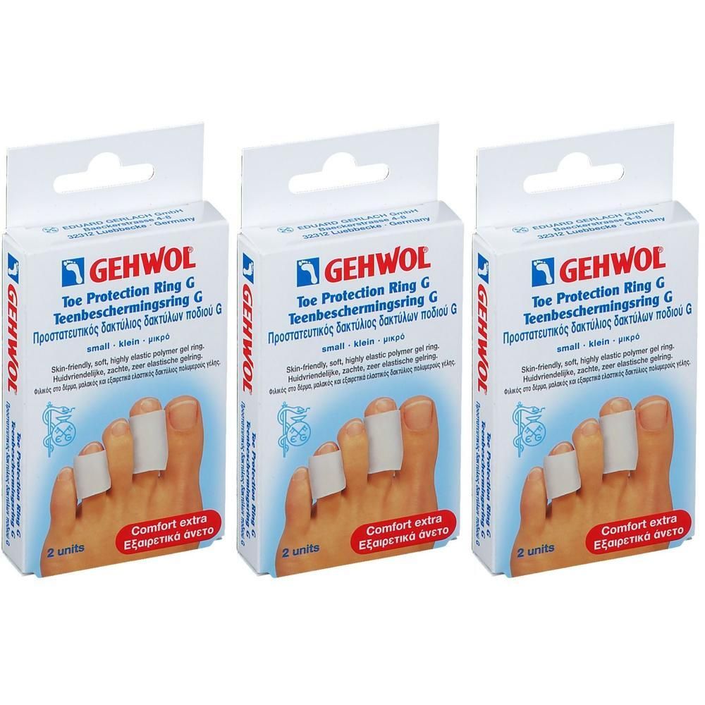Trois boîtes de protection d'orteils. Chaque boîte porte l'inscription "GEHWOL Toe Protection Ring G". L'emballage montre un pied avec des protections.