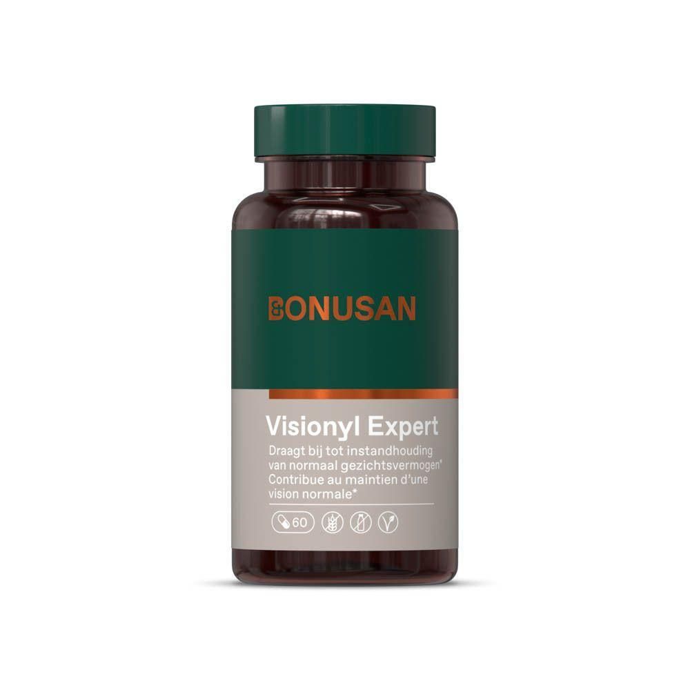 Flacon marron avec bouchon et étiquette verts. L'étiquette indique "BONUSAN Visionyl Expert".