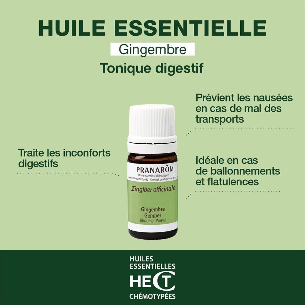 Flacon avec bouchon blanc et étiquette. Inscription : Pranarôm. Texte : Huile essentielle Gingembre. Tonique digestif.