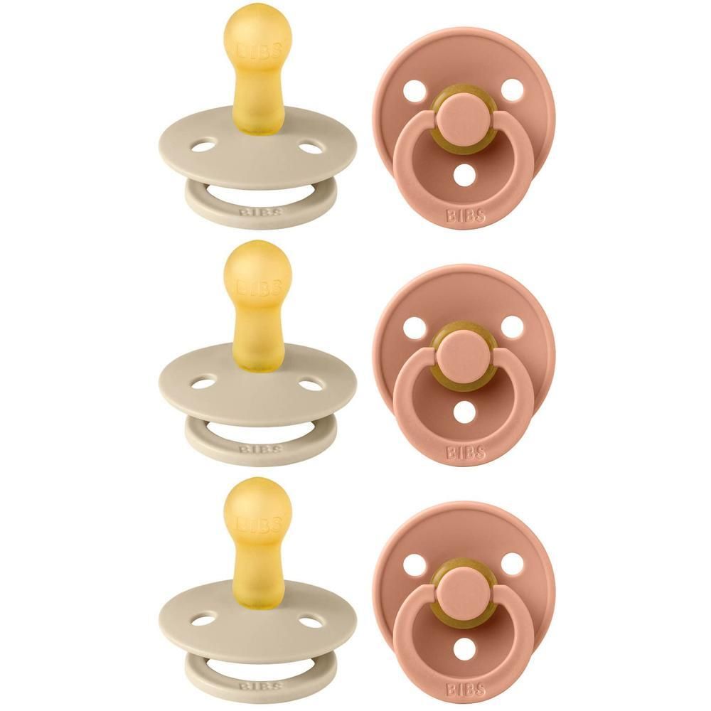 Zes fopspenen, beige en perzik. Ronde vorm, latex speen, ring en schild. Drie beige, drie perzik.