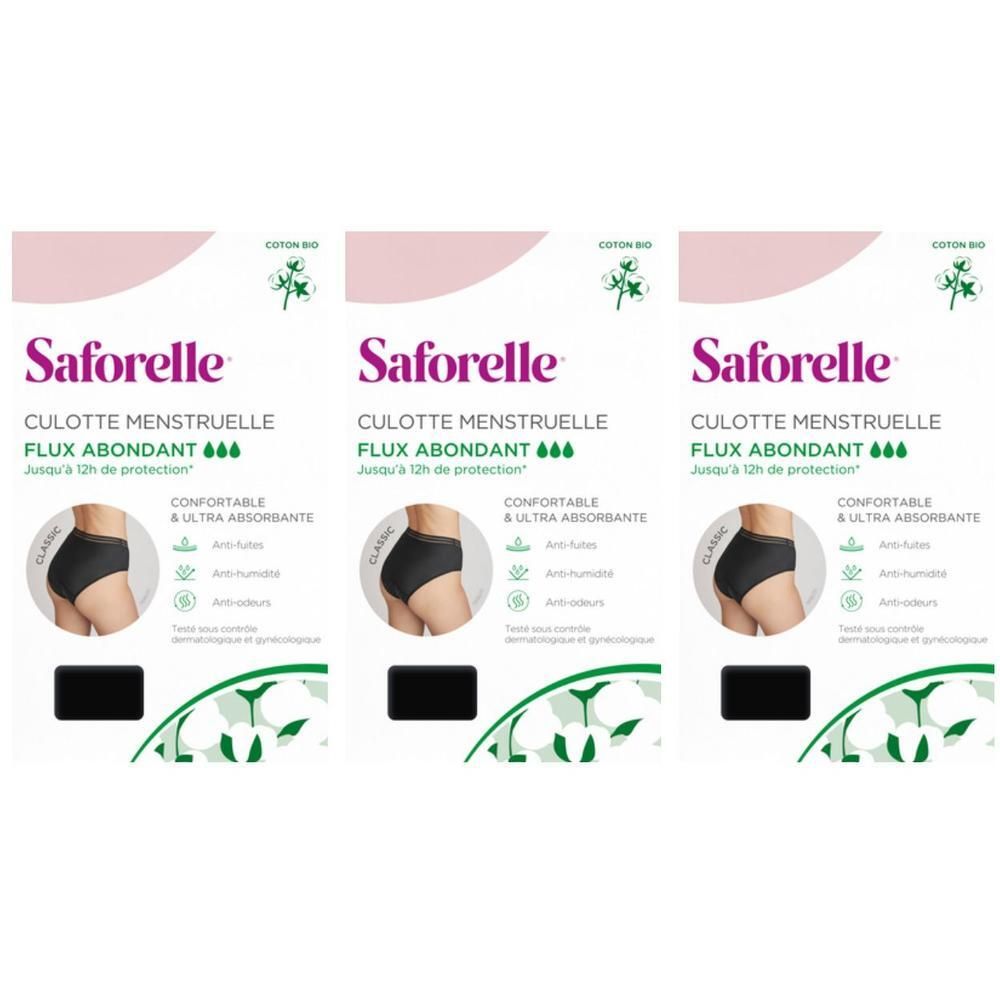 Trois paquets de culottes Saforelle. Culotte noire, protection abondante. Emballage avec image du produit et texte.