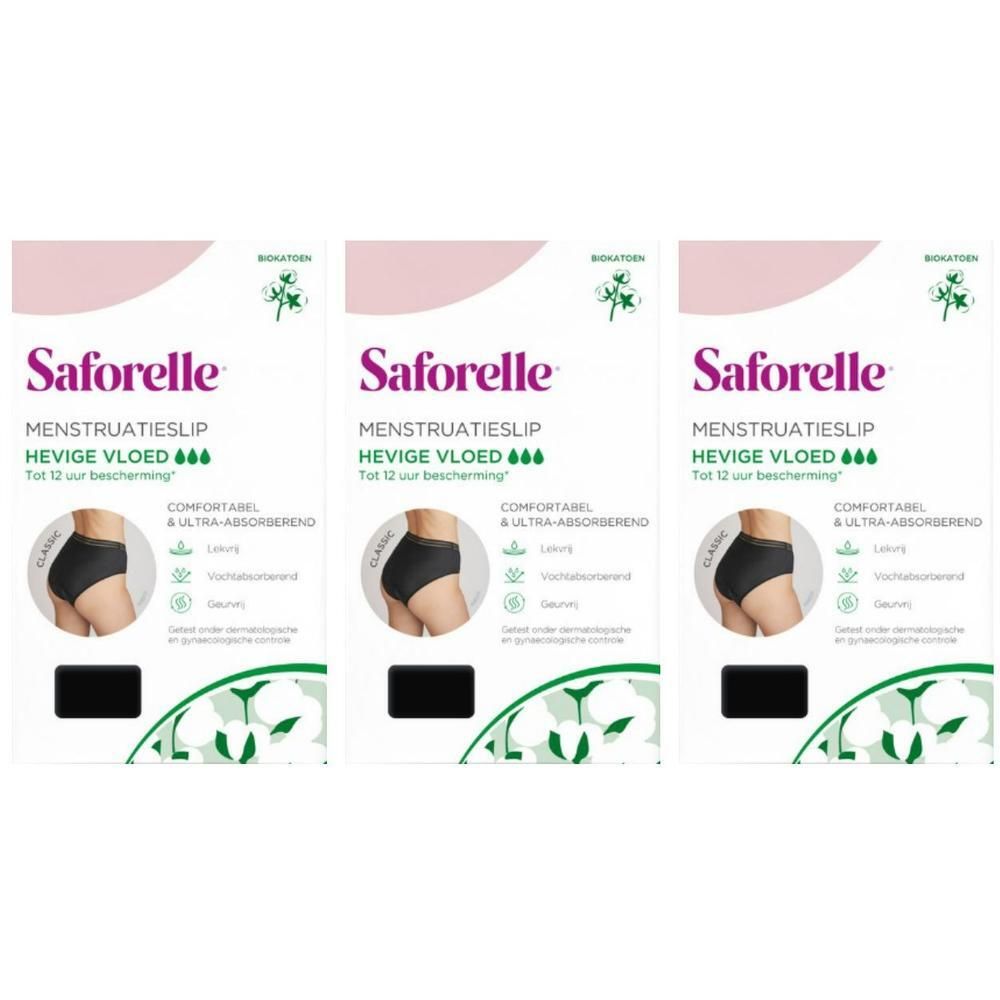 Drie verpakkingen Saforelle menstruatieslip. Zwarte slip, hoge bescherming. Verpakking met productafbeelding en tekst.