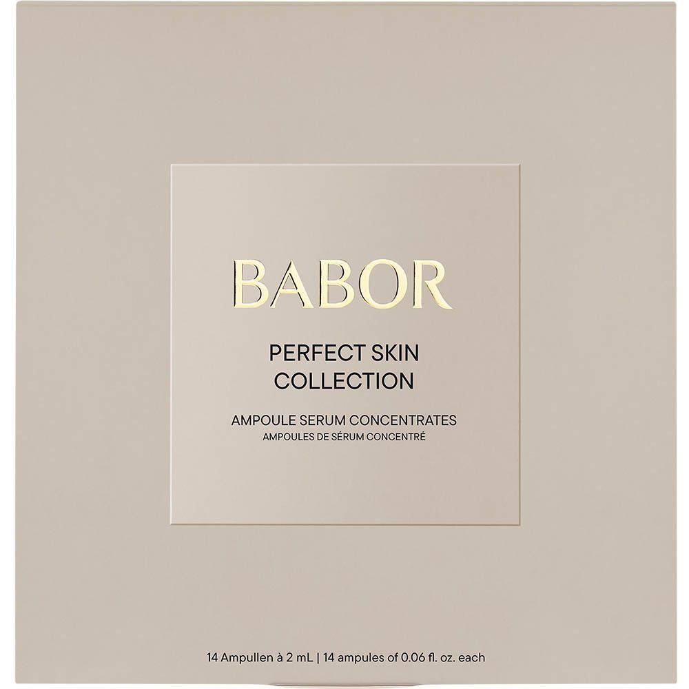 Gesloten, vierkante verpakking. Op de voorkant staat "BABOR PERFECT SKIN COLLECTION AMPOULES DE SERUM CONCENTRE".